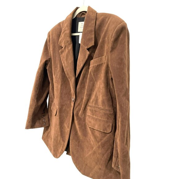New $198 Free People Paper Cut Faux Suede Vegan Brown Boyfriend Blazer Size M - Picture 10 of 11